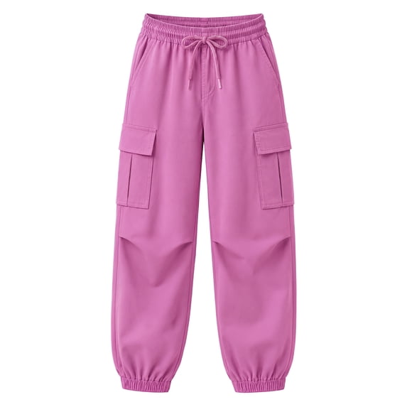 HILEELANG Girls Cargo Jogger Sweatpants, Stretch Drawstring Pants with Pockets, Pink, Ages 5-6Y