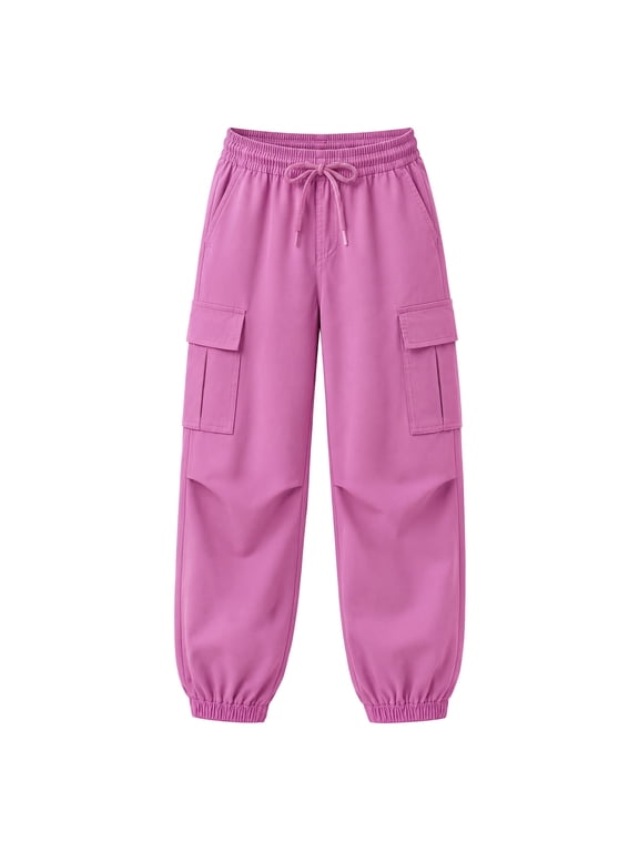 Girls Cargo Jogger Sweatpants, Stretch Drawstring Pants with Pockets, Pink, Ages 7-8Y