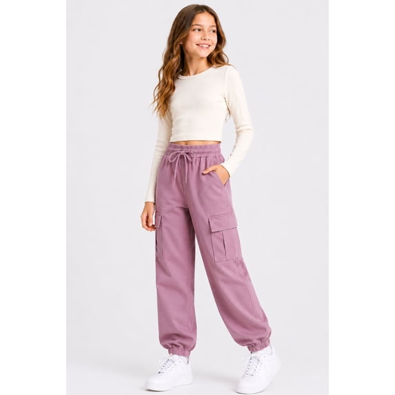 HILEELANG Girls Cargo Jogger Sweatpants, Stretch Drawstring Pants with Pockets, Dusty Purple, Ages 9-10Y
