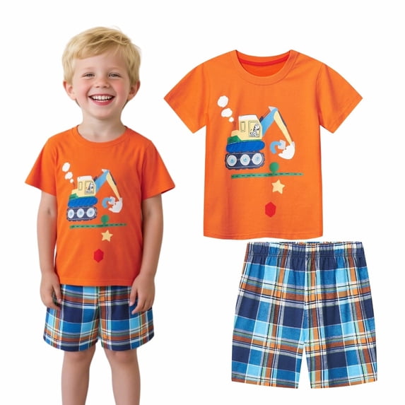 HILEELANG little Boy's Excavator Print Crew Neck T-Shirt Shorts Outfit Set 6Y