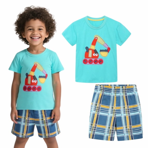 HILEELANG Toddler Boys Round Neck Short Sleeve Knit Orange Excavator Tshirt Short Outfit Set 5Y