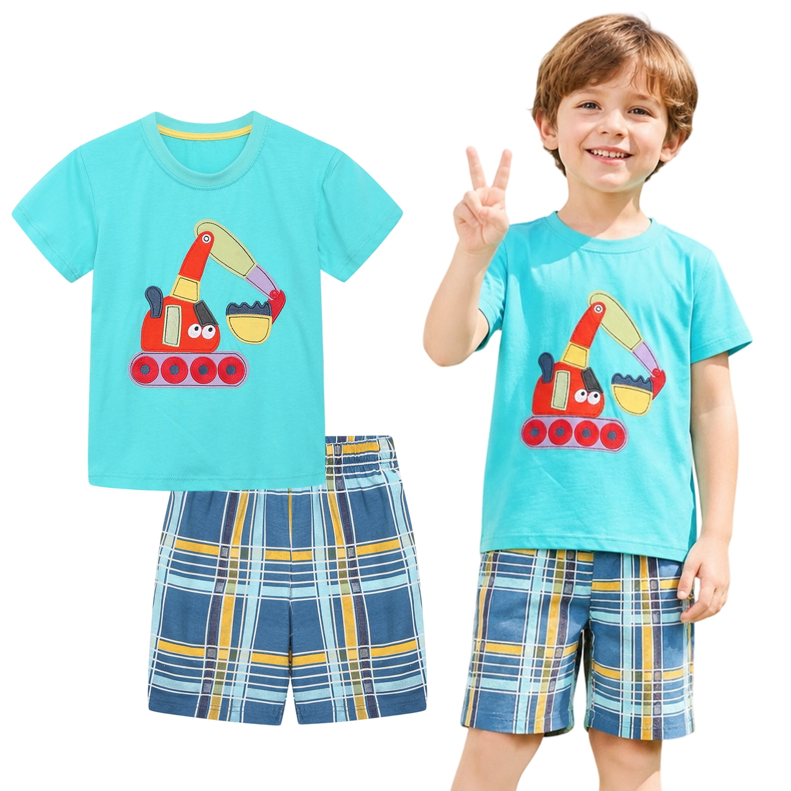 Toddler Boys Round Neck Short Sleeve Knit Orange Excavator Tshirt Short Outfit Set 5Y