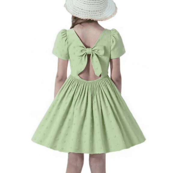 HILEELANG Teen Girl Dress Short Sleeve Summer Light Green Casual Tie Back Princess Elegant Party Dress 13-14T