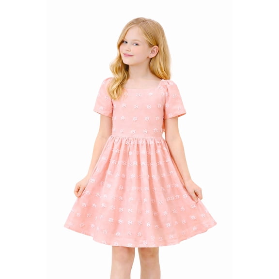 HILEELANG Big Girl Dress Short Sleeve Summer Light Pink Casual Tie Back Princess Elegant Party Dress 13-14T