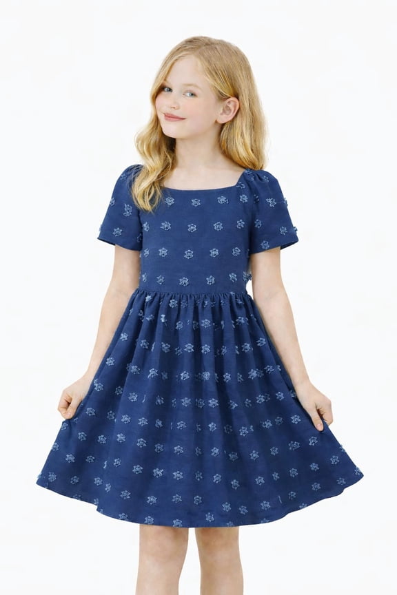 Big Girl Dress Short Sleeve Summer Navy Casual Tie Back Princess Elegant Party Dress 13-14T