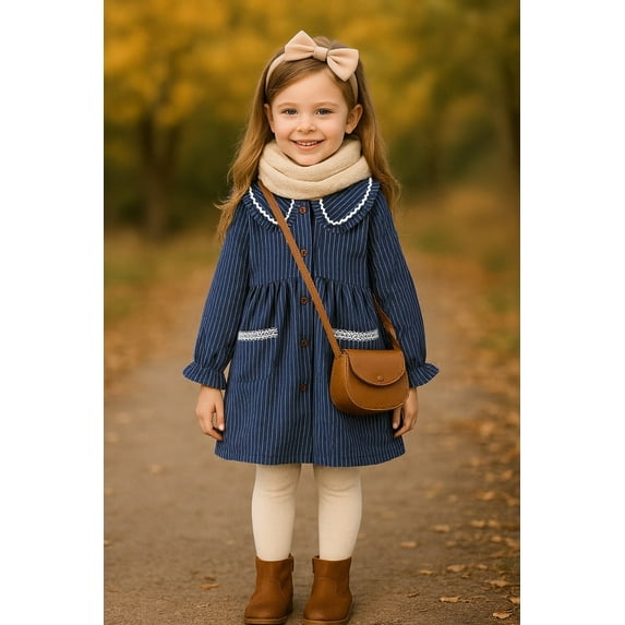 HILEELANG Toddler Girls Peter Pan Collar Dress Long Sleeve Cotton Casual Navy Vertical Stripes School Playwear 3T