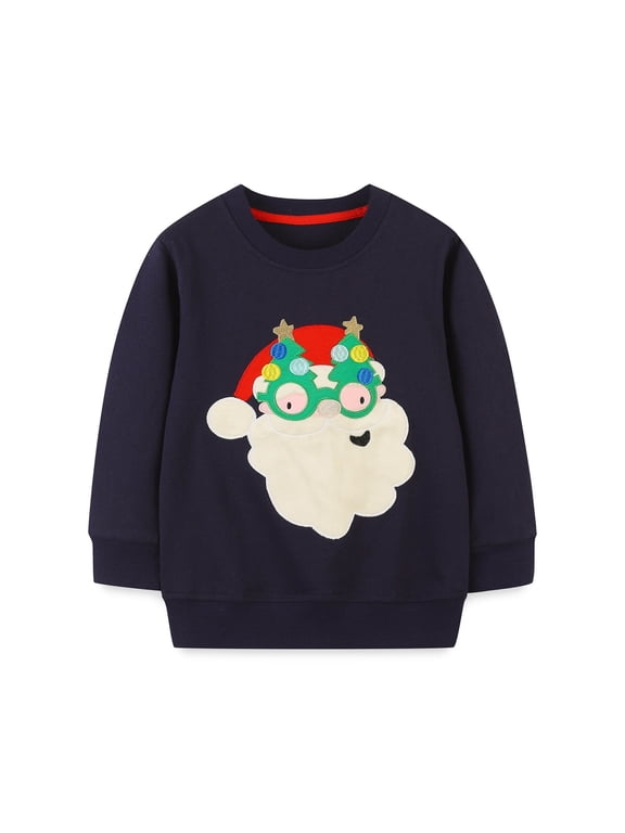 Toddle Boy Sweatshirts Christmas Blue Santa Claus Applique Crewneck Pullover Cotton Winter Top Shirts 2T