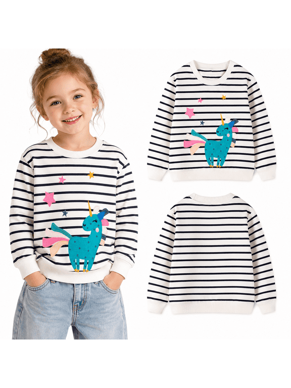 Girls 2-7Y Cotton Crewneck Sweatshirt, Striped Unicorn Applique, Long Sleeve Pullover