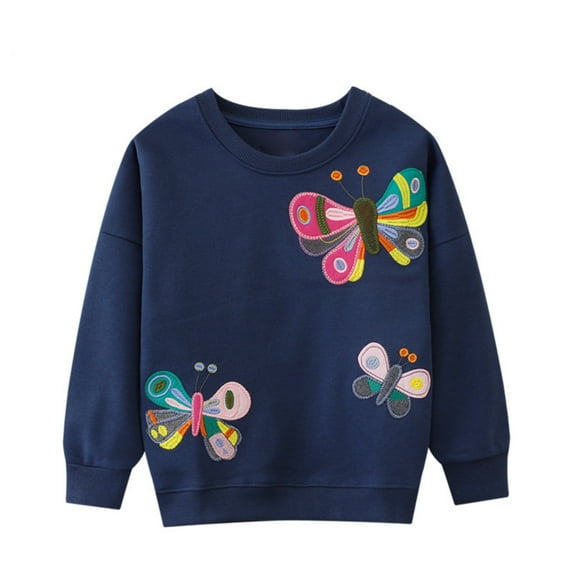 HILEELANG Toddle Girl Sweatshirts Blue Embroidered Butterfly Applique Cotton Casual Crew Neck Long Sleeve Pullover Tops Sweater Shirt 5T