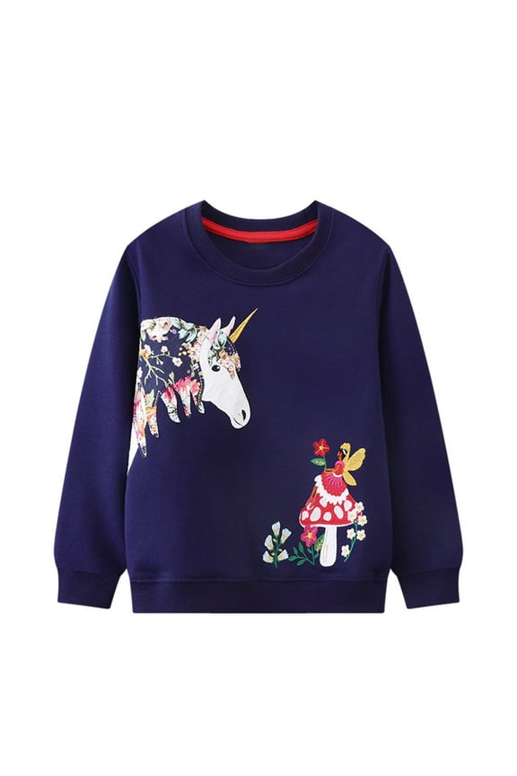 Toddle Girl Sweatshirts Blue Unicorn Fairy Applique Cotton Casual Crew Neck Long Sleeve Pullover Tops Sweater Shirt 3T
