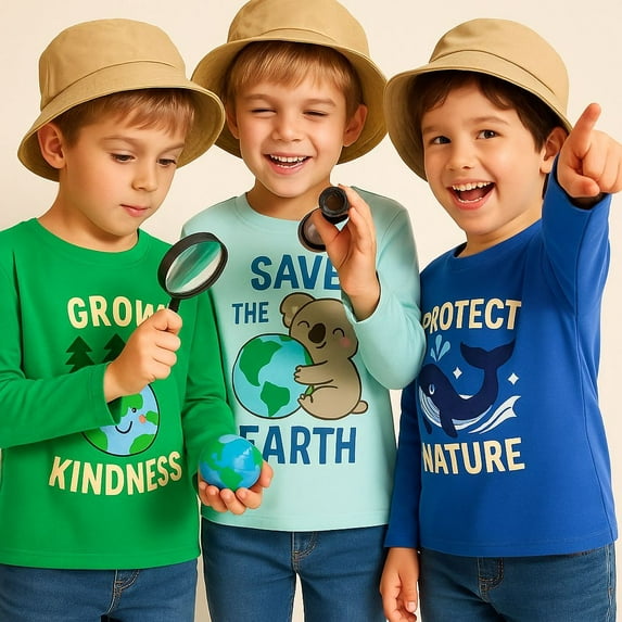 HILEELANG Toddler(2-7Y) Boys' 3-Pack Long Sleeve T-Shirts Cotton Graphic Tees Crewneck Nature & Animal Print Shirts for Kids Size 2T