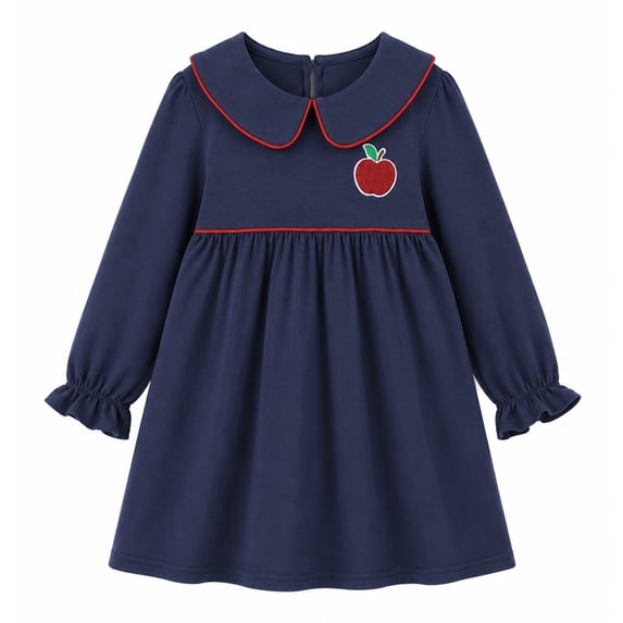 HILEELANG Toddler Girls Peter Pan Collar Apple Dress, Long Sleeve 4Y