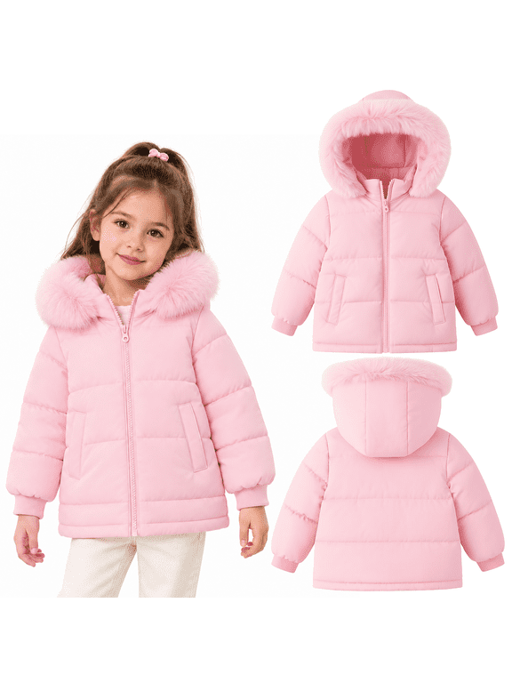 Girls Winter Puffer Jacket with Hood and Fluffy Trim, Quilted Zip-Up Coat, Light Pink