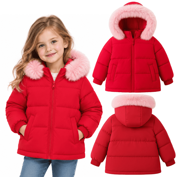 HILEELANG Girls Winter Puffer Jacket with Hood and Fluffy Trim, Quilted Zip-Up Coat, Red