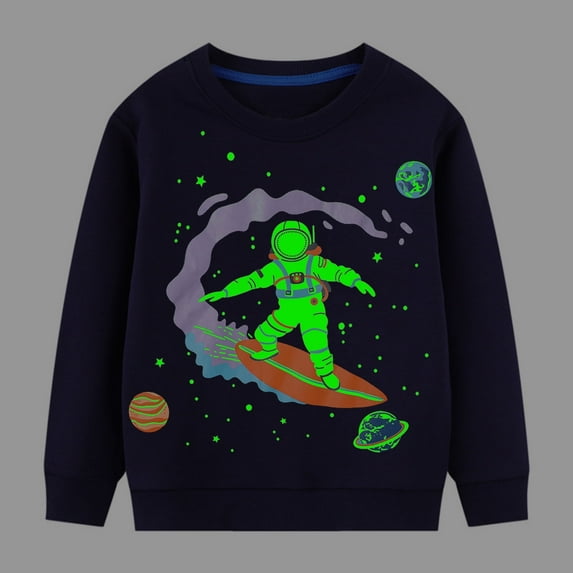 HILEELANG Toddler Boy Black Sweatshirts Halloween Astronaut Graphic Glow in the Dark Crewneck Long Sleeve Pullover Cotton Top Sweater Shirts 4T