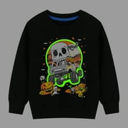 HILEELANG Toddler Boy Black Sweatshirts Halloween Skeleton Pumpkin Graphic Glow in the Dark Crewneck Long Sleeve Pullover Cotton Top Sweater Shirts 2T