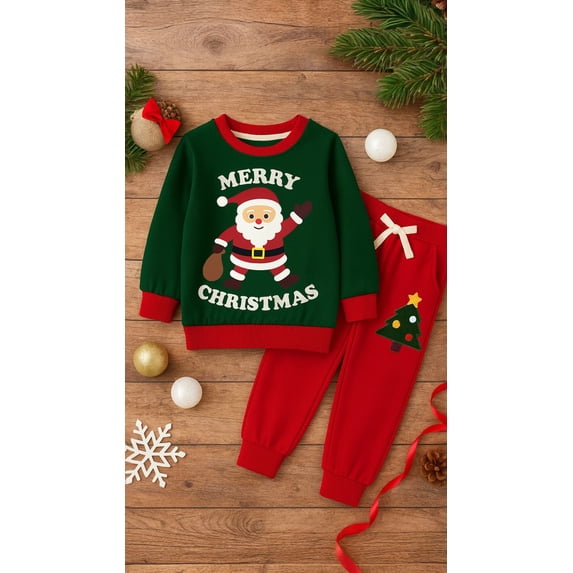 HILEELANG Toddler Boy Christmas Pullover and Sweatpants Set ,2 Piece Cotton with Santa Claus and Christmas Tree Applique, Green Fall Winter Clothes for Kids 4T