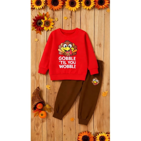 HILEELANG Toddler Boy Thanksgiving and Christmas Pullover and Sweatpants Set ,2 Piece Cotton Turkey Applique, Fall Winter Clothes for Kids 2T