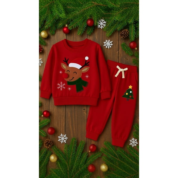HILEELANG Toddler Boys Christmas Elk Embroidery Sweatshirt and Pants Set, 2 Piece Long Sleeve Outfit for Kids, Cotton Fall Winter Clothes 3T