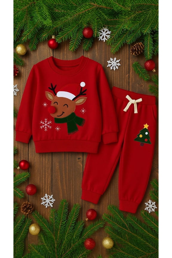 Toddler Boys Christmas Elk Embroidery Sweatshirt and Pants Set, 2 Piece Long Sleeve Outfit for Kids, Cotton Fall Winter Clothes 4T