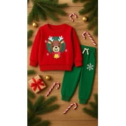 HILEELANG Toddler Boy Christmas Pullover and Sweatpants Set ,2 Piece with Deer and Snowflakes Applique, Fall Winter Cotton Clothes for Kids 4T