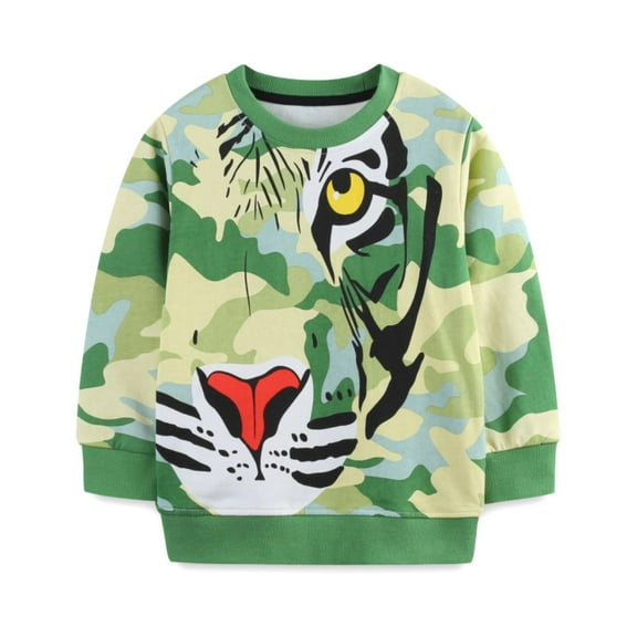 HILEELANG Toddler Boy Green Sweatshirts Camouflage Tiger Printed Crewneck Long Sleeve Pullover Cotton Top Sweater Shirts 4T