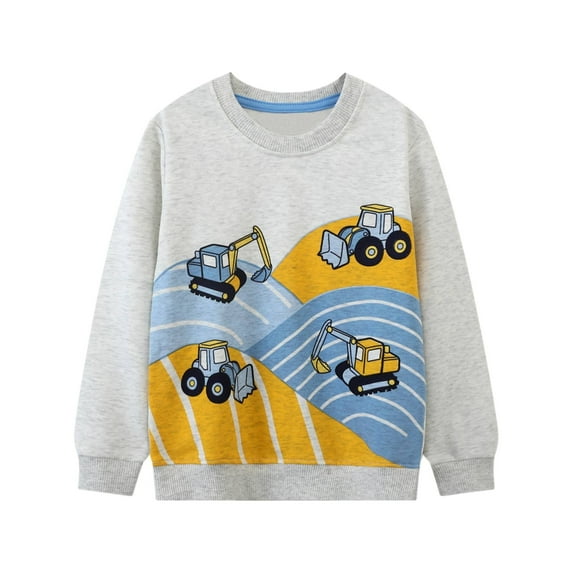 HILEELANG Toddler Boy Long Sleeve Grey Sweatshirts Excavator Graphic Crewneck Pullover Cotton Top Sweater Shirts 5T