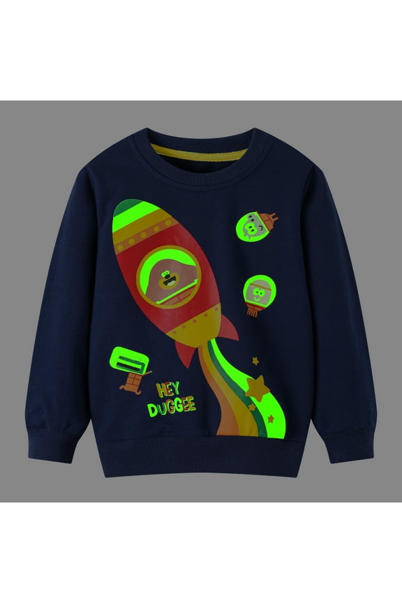 Toddler Boy Navy Sweatshirts Halloween Rocket Graphic Glow in the Dark Crewneck Long Sleeve Pullover Cotton Top Sweater Shirts 5T