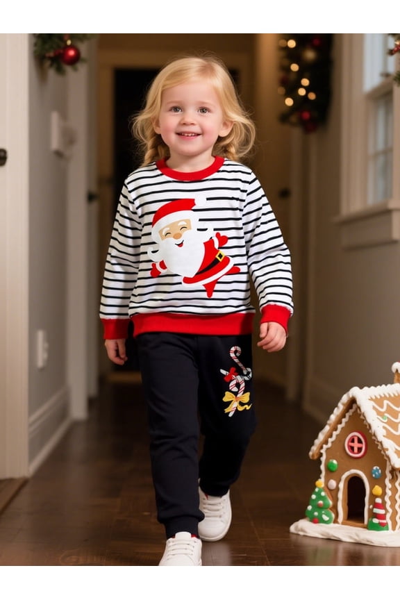 Toddler Boy(2-7Y) Pants Set Stripe Santa Claus Sweatshirt Joggers Sweatsuit Winter Playwear Outfits Clothing Sets 2pc 5T