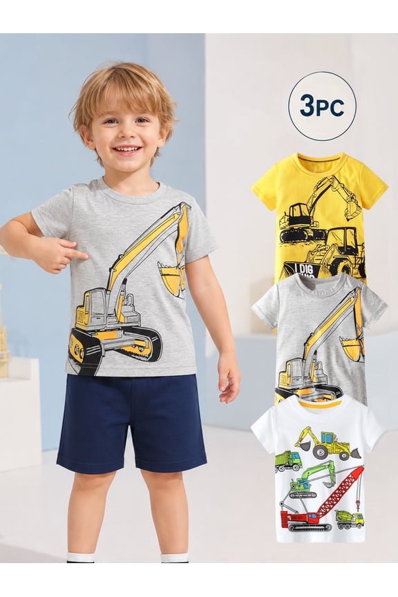 Toddler Boys T-Shirts 3 Pack, 100% Cotton Short Sleeve Tees for Kids 2-7T, Construction Vehicle & Excavator Print Summer Tops for Little Boys 4Y