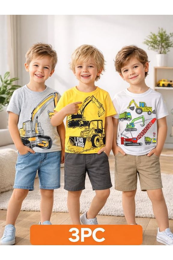 Toddler Boys T-Shirts 3 Pack, 100% Cotton Short Sleeve Tees for Kids 2-7T, Construction Vehicle & Excavator Print Summer Tops for Little Boys