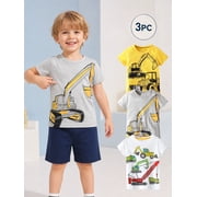 HILEELANG Toddler Boys T-Shirts 3 Pack, 100% Cotton Short Sleeve Tees for Kids 2-7T, Construction Vehicle & Excavator Print Summer Tops for Little Boys 5Y