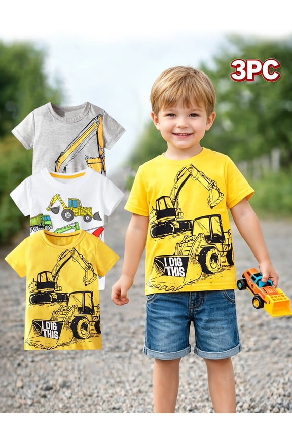 Toddler Boys T-Shirts 3 Pack, 100% Cotton Short Sleeve Tees for Kids 2-7T, Construction Vehicle & Excavator Print Summer Tops for Little Boys