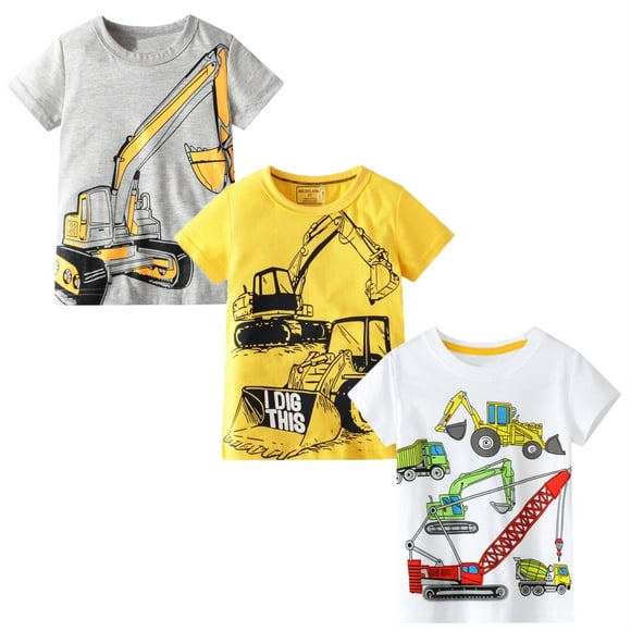 HILEELANG Toddler Boy Short Sleeve Tee Shirt Summer Cotton Casual Crewneck Yellow Grey Excavator Graphic Tops T-Shirts Size 5