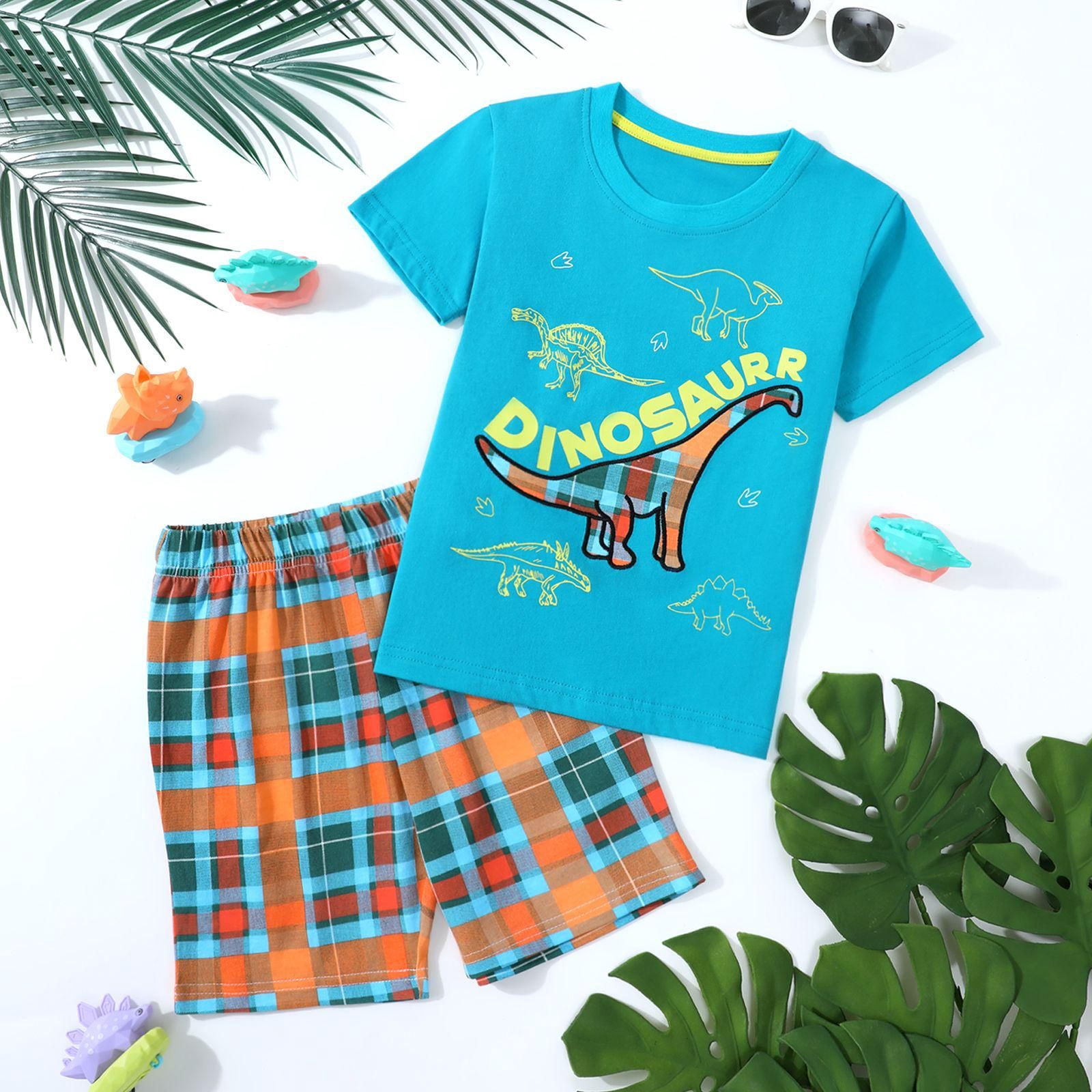 Toddler Boy Summer Short Clothes Sets Outfits Easter Cotton Blue Dinosaur Shirts Shorts Playwear 5T