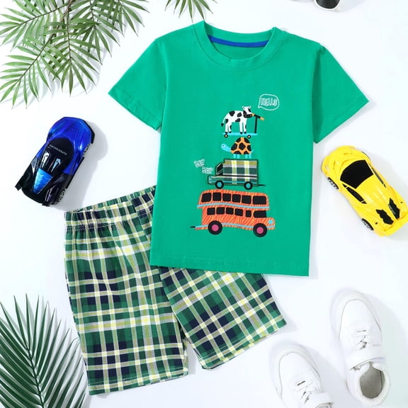 HILEELANG Toddler Boy Summer Short Clothes Sets Outfits Easter Cotton Green Bus Tee Shirts Shorts Playwear 5T