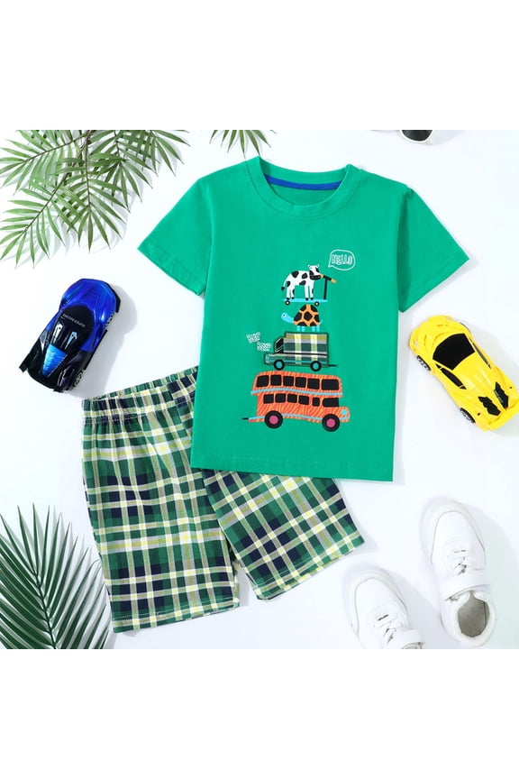 Toddler Boy Summer Short Clothes Sets Outfits Easter Cotton Green Bus Tee Shirts Shorts Playwear 5T