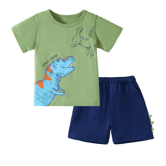 HILEELANG Toddler Boy Summer Short Clothes Sets Outfits Easter Cotton Green Dinosaur Tee Shirts Pocket Adjustable Knite Shorts Playwear Sets 3T