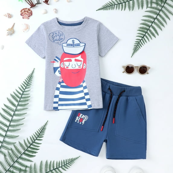 HILEELANG Toddler Boy Summer Short Clothes Sets Outfits Easter Cotton Grey Captain Tee Shirts Pocket Adjustable Knite Shorts Playwear Sets 4T