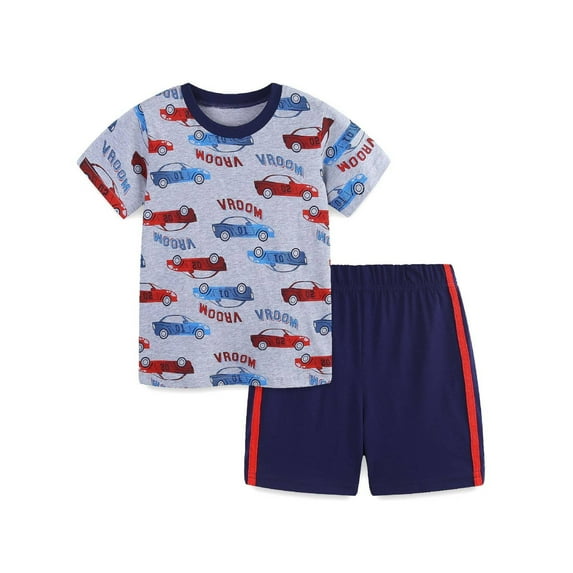 HILEELANG Toddler Boy Summer Short Clothes Sets Outfits Easter Cotton Grey Car Shirts Shorts Playwear 3T