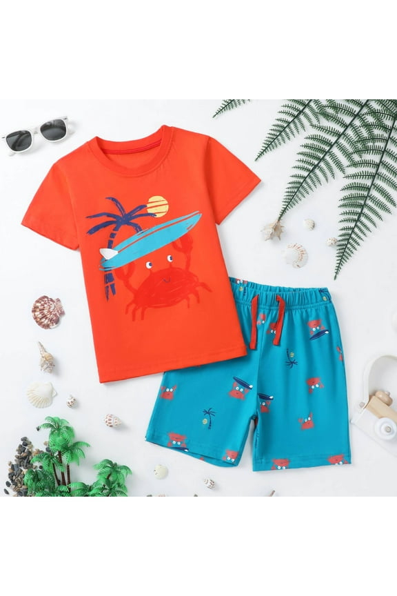 Toddler Boy Summer Short Clothes Sets Outfits Easter Cotton Orange Crab Shirts Shorts Playwear 2T