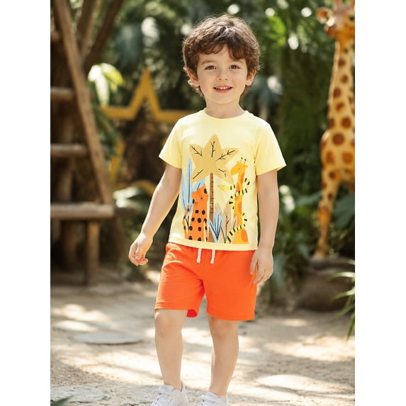 HILEELANG Toddler Boy Summer Short Clothes Sets Outfits Easter Cotton Yellow Cat Giraffe Shirts Shorts Playwear 5T