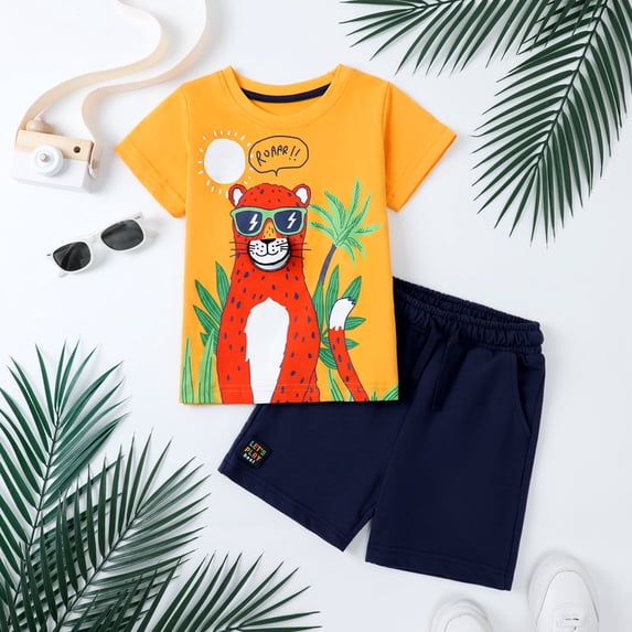 HILEELANG Toddler Boy Summer Short Clothes Sets Outfits Easter Cotton Yellow Leopard Tee Shirts Pocket Adjustable Knite Shorts Playwear Sets 2T