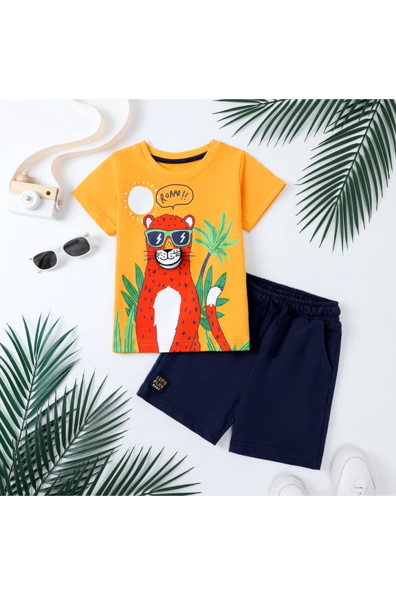 Toddler Boy Summer Short Clothes Sets Outfits Easter Cotton Yellow Leopard Tee Shirts Pocket Adjustable Knite Shorts Playwear Sets 2T