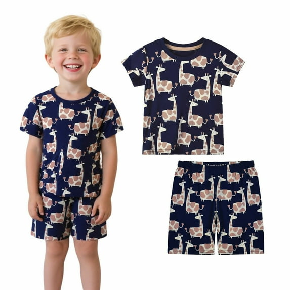 HILEELANG Toddler Boy Summer Short Sets Outfits Cotton CrewNeck Black Giraffe Short Sleeve Playwear Sets 5T