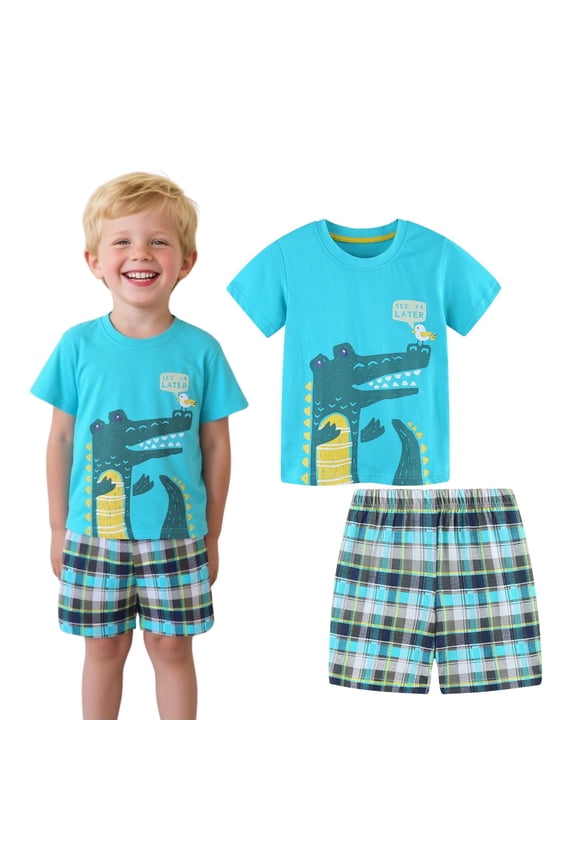 Toddler Boy Summer Short Sets Outfits Cotton CrewNeck Green Crocodile Short Sleeve Playwear Sets 2T