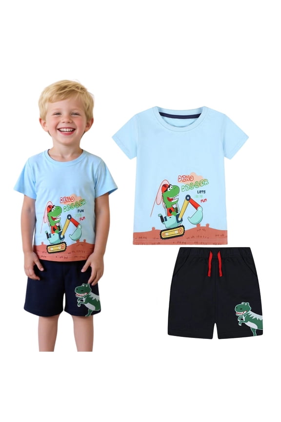 Toddler Boy Summer Short Sets Outfits Cotton CrewNeck Green Dinosaur Excavator Short Sleeve Playwear Sets 3T