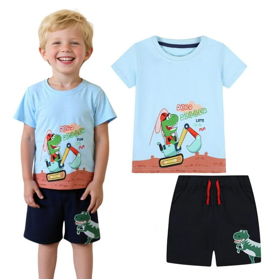 HILEELANG Toddler Boy Summer Short Sets Outfits Cotton CrewNeck Green Dinosaur Excavator Short Sleeve Playwear Sets 5T