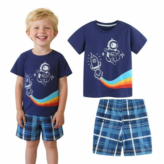HILEELANG Toddler Boy Summer Short Sets Outfits Cotton CrewNeck Navy Blue Spaceman Short Sleeve Playwear Sets 3T