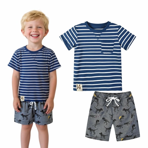 HILEELANG Toddler Boy Summer Short Sets Outfits Cotton CrewNeck Strip Dinosaur Short Sleeve Playwear Sets 5T